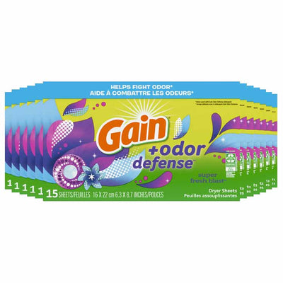 Gain - Odor Defense Dryer Sheets, Super Fresh Blast Scent - 15ct - 12 Pack
