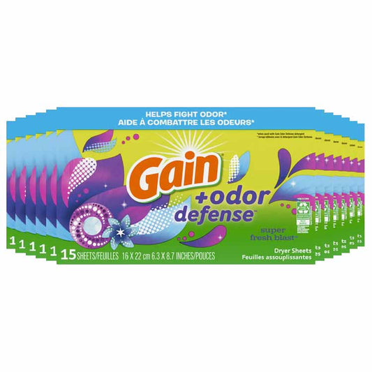 Gain - Odor Defense Dryer Sheets, Super Fresh Blast Scent - 15ct - 12 Pack