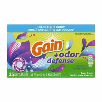 Gain - Odor Defense Dryer Sheets, Super Fresh Blast Scent - 15ct - 12 Pack
