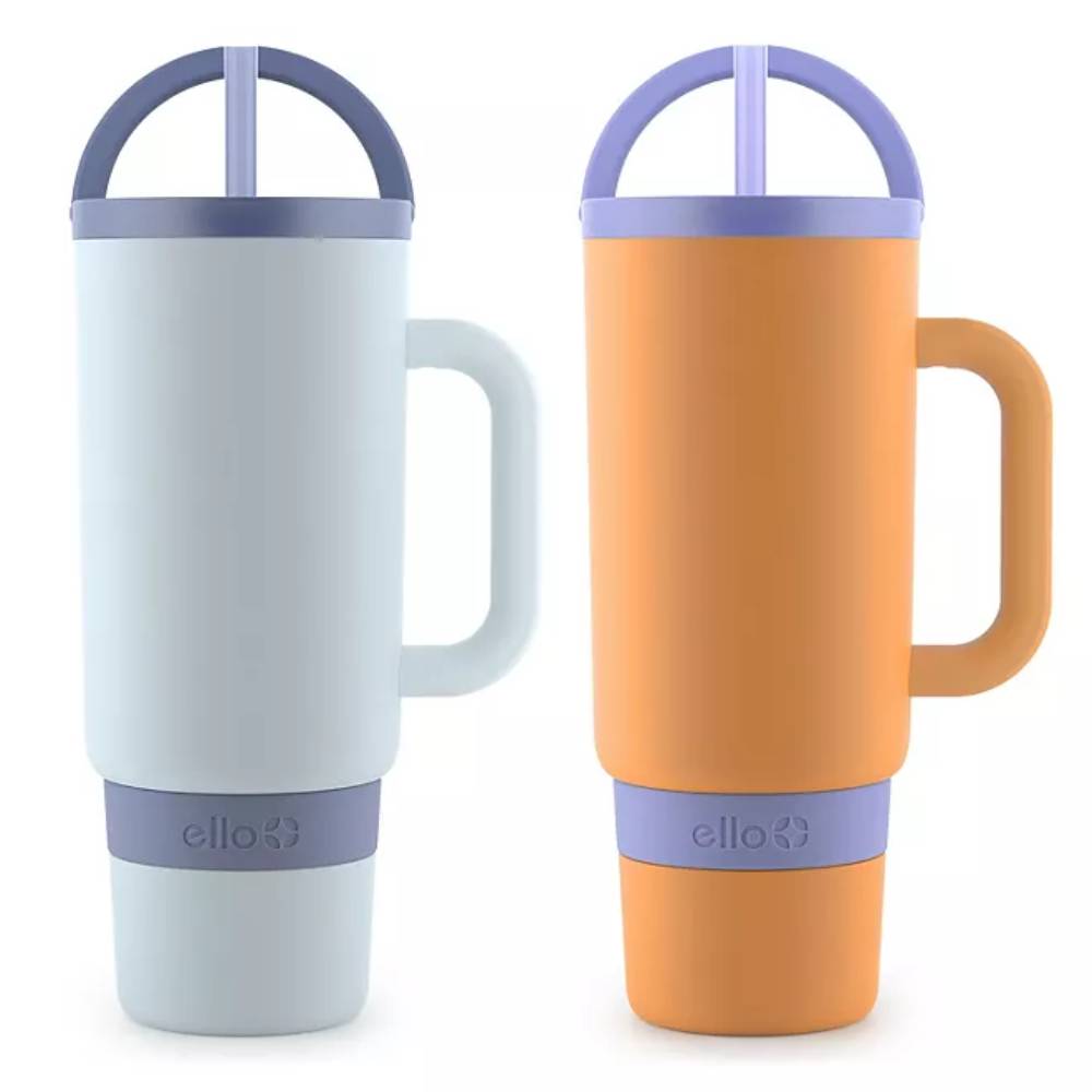 Ello - Port Stainless Steel Tumbler with Handle, Light Wash and Orange - 40 Oz - 2 Pack