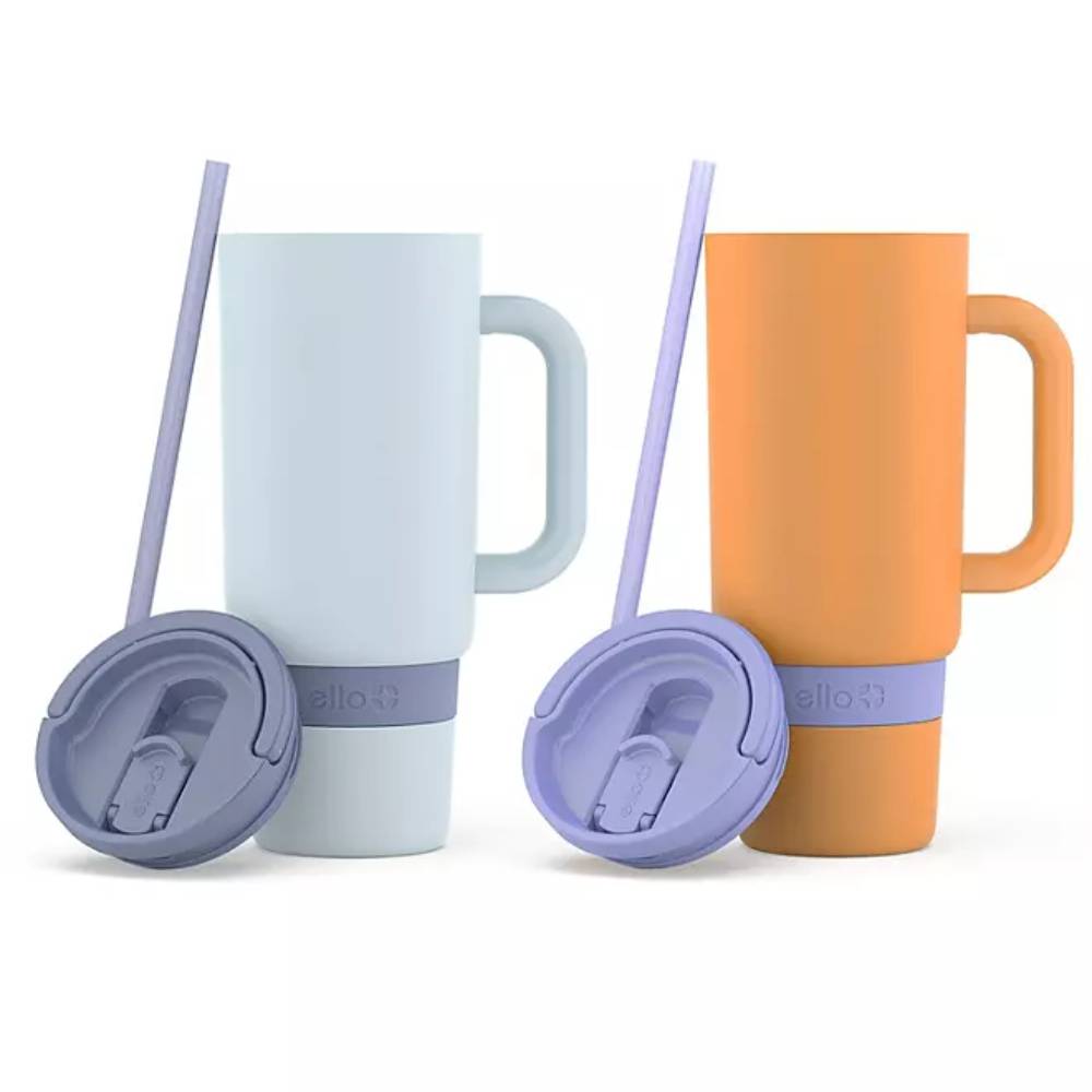 Ello - Port Stainless Steel Tumbler with Handle, Light Wash and Orange - 40 Oz - 2 Pack