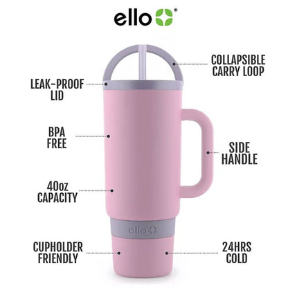 Ello - Port Stainless Steel Tumbler with Handle, Thistle and Cornflower - 40 Oz - 2 Pack