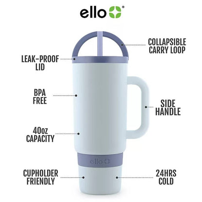 Ello - Port Stainless Steel Tumbler with Handle, Light Wash and Orange - 40 Oz - 2 Pack